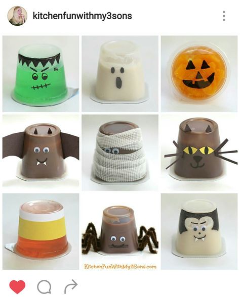 Halloween Jello Cups, Jello Halloween, Halloween Pudding Cups, Chocolate Pudding Cups, Halloween Jello, School Holiday Party, Halloween Snacks For Kids, Jello Cups, Kids Treats