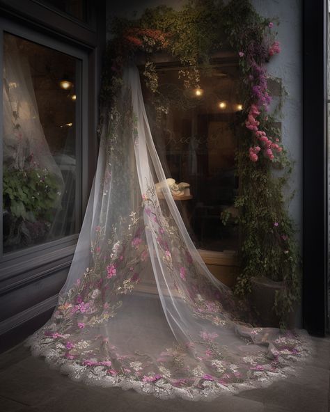 Veil With Pink Flowers, Floral Wedding Dress With Veil, Long Floral Veil, Flower Vails Wedding, Fairy Wedding Veil, Fairytale Veil, Pink Veil Wedding, Fairy Veil, Urban Wilderness