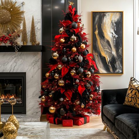 A luxurious red and black Christmas tree decorated with black velvet ribbon, gold accents, and ornaments. Perfect for a chic, festive living room setting with a marble fireplace. Red Black And Gold Christmas Tree, Shadow The Hedgehog Christmas, Black And Red Christmas Tree, Red And Black Christmas Tree, Dark Red Christmas, Black And Red Christmas, Festive Living Room, Red Christmas Trees, Red And Black Christmas