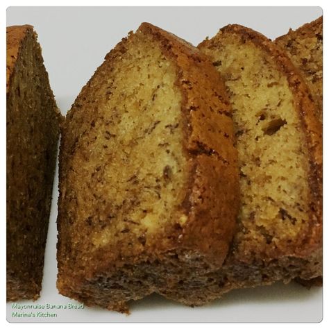 Mayonnaise Banana Bread | Marina's Kitchen Banana Bread Made With Mayonnaise, Mayonnaise Banana Bread, Mayo Banana Bread Recipe, Banana Bread Recipe With Mayonnaise, Banana Bread With Mayonnaise, Yogurt Banana Bread, Mayonnaise Recipe, Pure Vanilla, Bread Machine Recipes