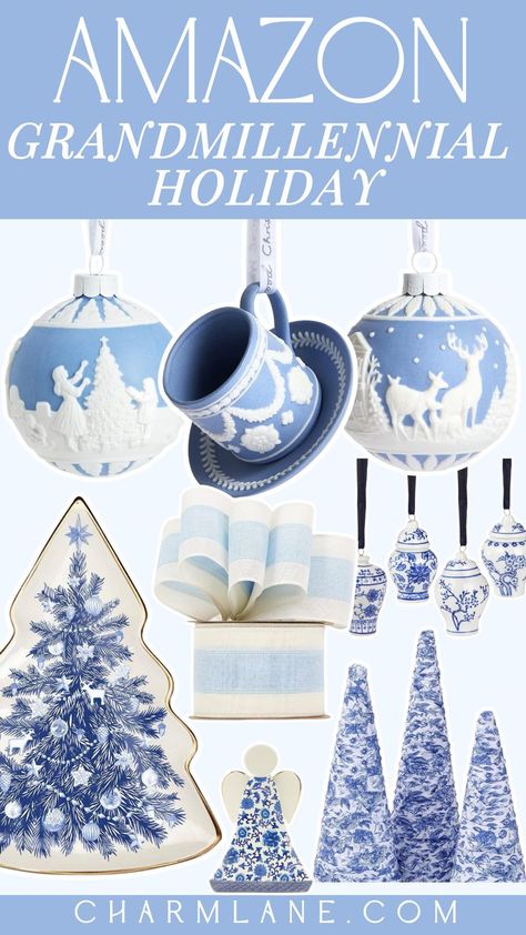 Grandmillennial Christmas Decor White Christmas Decorations Ideas, Chinoiserie Christmas Decor, Blue And White Christmas Decor, Grandmillennial Christmas, Grandmillennial Home, White Christmas Decorations, Coastal Style Living Room, Blue And White Outfits, Blue And White Christmas