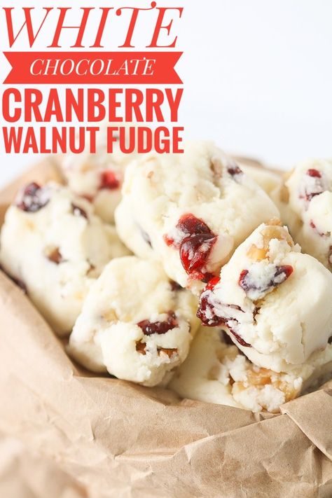 This cranberry walnut white fudge is the perfect treat for the holiday season. Packed with rich white chocolate your taste buns will be pleased. #fudge #whitechocolate #christmas #christmasfood #partyfood #sweets #desserts #cranberry #walnut #fudgewithnuts Cranberry Walnut White Fudge, White Fudge With Cranberries, Fantastic Fudge, Walnut Fudge Recipe, White Fudge, Cranberry Fudge, Maple Fudge, Walnut Fudge, Chocolate Cranberry