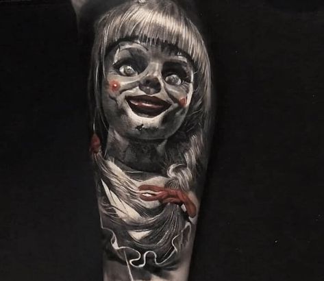 Annabelle tattoo by Eliot Kohek | Post 29834 Annabelle Tattoo, Eliot Kohek, Haunted Doll, Clown Tattoo, C Tattoo, Fusion Ink, Theme Tattoo, Realistic Tattoo, Cool Tattoos For Guys