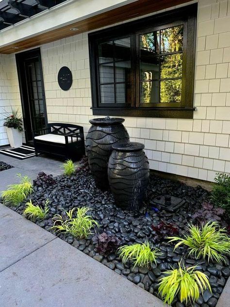 24 Landscaping Ideas Without Grass - 198 Black Rock Landscaping, Front Landscape, Rock Landscape, Patio Railing, Rock Bed, Pavers Backyard, Front Landscaping, Rock Garden Landscaping, Modern Backyard