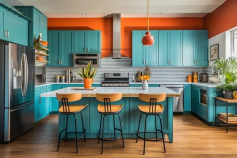 Orange And Teal Kitchen, Clever Kitchen Storage, Tiny Kitchen Design, Teal Kitchen, Orange Kitchen, Aesthetic Kitchen, Freestanding Kitchen, Kitschy Kitchen, Tiny Kitchen