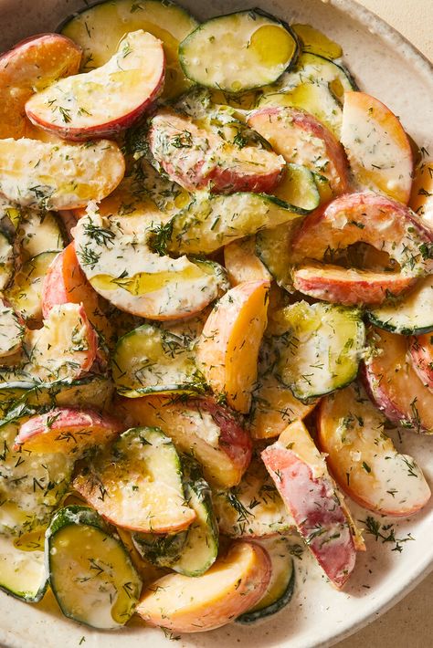 NYT Cooking: Raw zucchini deserves to be a summer salad staple. With just time and salt, sliced zucchini softens into tender bites that absorb any dressing that graces them. This easy salad pairs thinly sliced zucchini coins with sweet, juicy, ripe peaches in a loose, creamy, lime-forward dressing. It’s a full-on journey, in just a mouthful. Salad To Go With Salmon, Salmon And Zucchini, Sliced Zucchini, Raw Zucchini, Salads To Go, Peach Salad, Vegetarian Main Dishes, Easy Salad, Flaky Salt