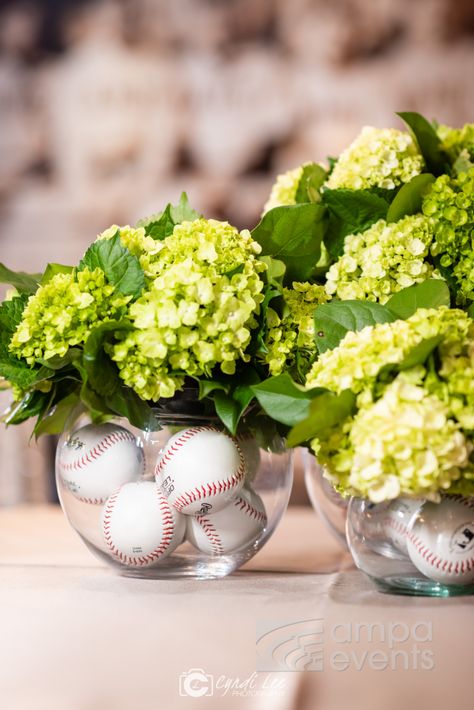 Baseball Gala Centerpieces, Baseball Theme Table Centerpieces, Easy Baseball Centerpieces, Baseball Floral Centerpieces, Baseball Dinner Centerpieces, Baseball Vase Centerpiece, Classy Baseball Party, Softball Party Centerpiece, Sport Theme Centerpieces