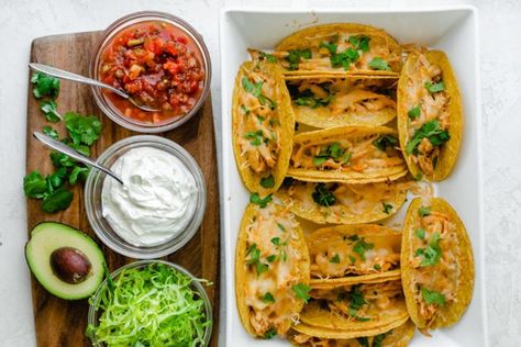 This Baked Chicken Tacos recipe is made with shredded chicken, taco seasoning and shredded cheese - it's easy to prepare and perfect for a party or crowd | Taco Tuesday | Tex Mex | Taco Night | Taco Party | Mexican Recipes #bakedchickentacos #bakedtacos #chickentacos #tacotuesday #feelgoodfoodie Shredded Chicken Taco Seasoning, Baked Chicken Tacos Recipe, Baked Taco Shells, Chicken Tacos Recipe, Chicken Taco Seasoning, Boiled Chicken Breast, Baked Chicken Tacos, Chicken Taco Recipes, Taco Bake