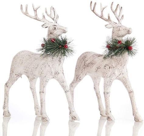 AmazonSmile: SANNO 2 Christmas Deers 12'' Standing Reindeer Decorations Christmas Deer Figurines Ornament Figurines Articles Display with Red Berry Stem Pine Wreath, Freestanding Indoor Tabletop Decorative : Home & Kitchen Reindeer Decorations Christmas, Reindeer Decoration, Deer Figurines, Christmas Reindeer Decorations, Reindeer Figurine, Vintage Reindeer, Christmas Tabletop Decor, Napkin Decoupage, Reindeer Decorations