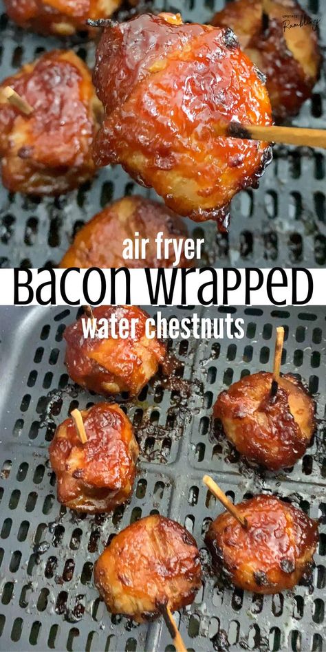 Bacon Waterchestnut Recipes, Air Fryer Bacon Wrapped Water Chestnuts Recipe, Bacon Wrapped Water Chestnuts Air Fryer, Air Fryer Appetizers Healthy, Bacon Wrapped Water Chestnuts Recipe Soy Sauce, Easy Bacon Wrapped Water Chestnuts Recipe, Bacon Water Chestnuts Appetizers, Waterchestnut Recipes Appetizers, Rumaki Appetizer