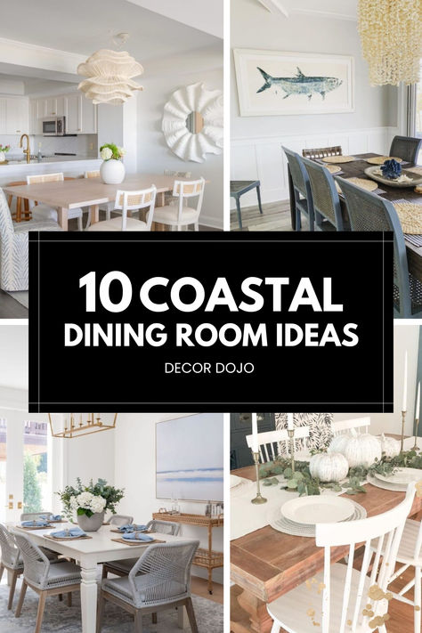 Decor Dojo's coastal dining room ideas: Elevate your space with natural textures, soothing palettes, and laid-back luxury. Discover beachy accents, statement light fixtures, and space-enhancing furnishings. Curate a serene oasis perfect for intimate gatherings or breezy alfresco dining. Explore our top tips to bring the coast inside and create a dream dining experience. Visit our blog now to get inspired and elevate your home's style. Dining Room Coastal Farmhouse, Dining Room Table Centerpiece Ideas Coastal Beach Themes, Coastal Dinning Room, Dining Table Coastal, Coastal Kitchen Table, Beachy Dining Room, Coastal Dining Room Decor, Modern Coastal Dining Room, Coastal Farmhouse Dining Room