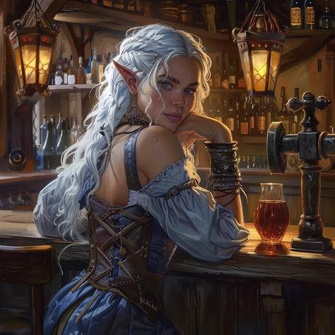 This image shows a female elf sitting in a tavern, She has long white hair, blue eyes, and pointed ears. She is wearing a blue and white dress with a brown corset. She is sitting at the bar with a drink in front of her. There are lanterns hanging from the ceiling and bottles on the shelves behind her. Elves Female Beautiful, White Hair Blue Eyes, Dnd Portraits, Dark River, Fantasy Elf, Moon Elf, Fair Outfit, Lanterns Hanging, Elf Dress