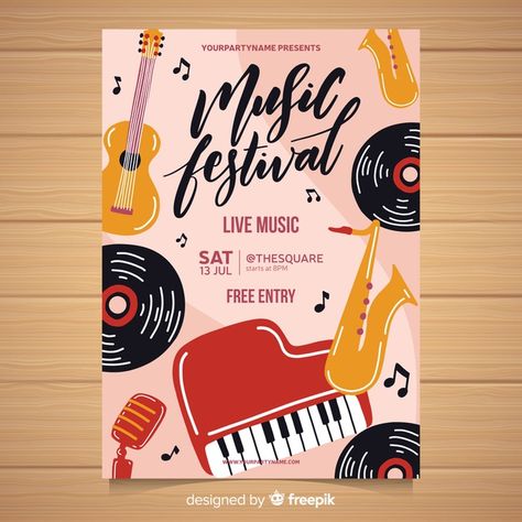 Hand drawn music festival poster Free Vector Music Festival Poster Illustration, Music Festival Poster Design Graphics, Poster Festival Music, Music Festival Poster Design Inspiration, Musical Poster Design, Music Day Poster, Music Festival Illustration, Music Festival Poster Design, Music Concert Poster