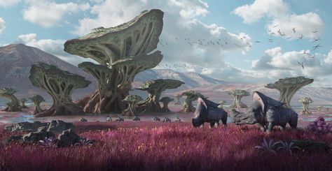 ArtStation - Alien savanna, Raymond Chen Grill Area Ideas, Alien Mushroom, Savanna Biome, Front Yard Flower Bed, Alien Plants, Garden Seating Area, Sci Fi Landscape, Grill Area, Graphisches Design