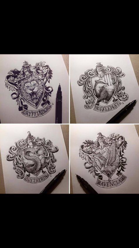 Hogwarts house drawn designs tattoo Harry Potter Houses Tattoo, Slytherin Crest Tattoo, Hogwarts Houses Tattoo, Harry Potter House Tattoos, Houses Tattoo, Harry Potter Feast, Hogwarts Seal, Harry Potter Tattoo Sleeve, Crest Tattoo