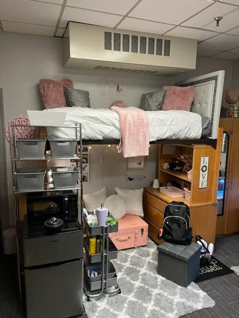 College Dorm Room Ideas Desk Under Bed, Loft Bed College Dorm, Bunked Bed Dorm Room Ideas, Dorm Room With Desk Under Bed, College Dorm Lofted Beds, Dorms With Lofted Beds, Loft Dorm Bed, Lofted Dorm Room Ideas, Dorm Room Ideas With Lofted Bed