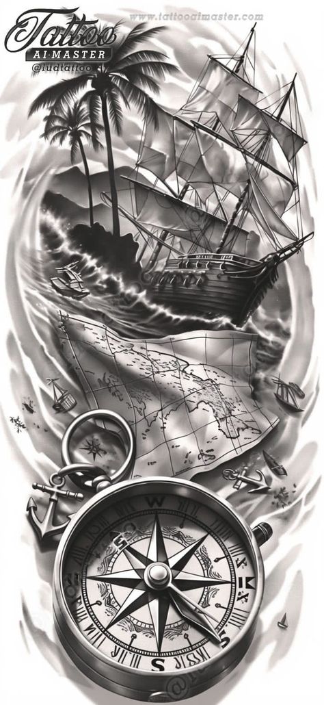 Greek Compass Tattoo, Ship Compass Tattoo, Maps Tattoo, Nautical Tattoo Design, Pirate Tattoo Sleeve, Compass And Map Tattoo, Ocean Sleeve Tattoos, Pirate Ship Tattoo, Boat Tattoo