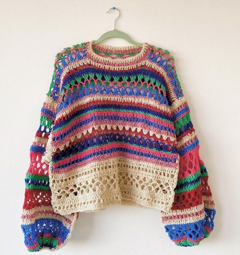 Crochet Sweater Colorful, Crochet Funky Sweater, Multicolor Crochet Sweater, Summer Crochet Sweater, Colorful Crochet Sweater, Vintage Crochet Sweater, Scrap Crochet, Scrap Yarn Crochet, Hippie Crochet