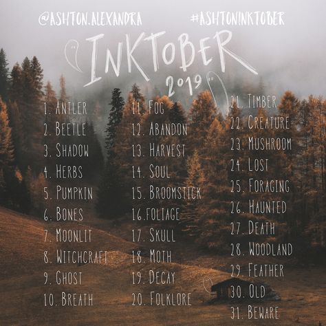 I made an Inktober 2019 Prompt List 🍁🍂🖤 Instagram: @ashton.alexandra #ashtoninktober Tattoo Prompt List, Tattoo Prompts, Inktober List, Inktober Prompts, Inktober Ideas, Comics Sketch, 30 Day Art Challenge, Art Journal Challenge, Inktober 2023