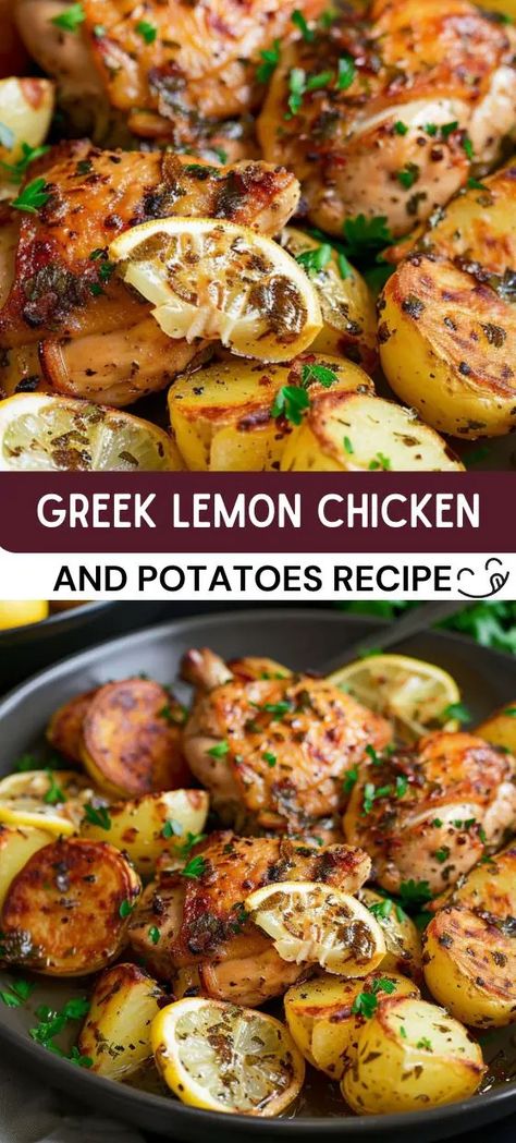 Greek Lemon Chicken and Potatoes Recipe Fries Tomatoes, Marinated Garlic, Greek Lemon Chicken And Potatoes, Lemon Chicken And Potatoes, Greek Chicken And Potatoes, Greek Lemon Potatoes, Greek Potatoes, Chicken And Potatoes, Greek Lemon Chicken