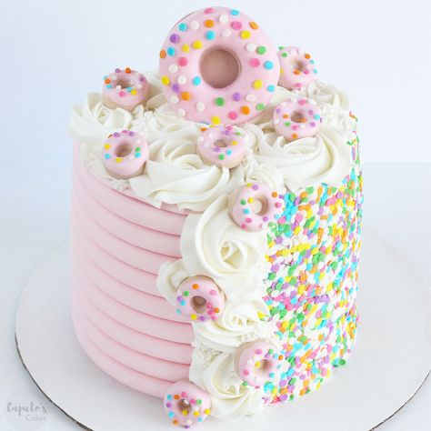 Cakes With Sprinkles On The Side, Sprinkle Donut Cake, Donut Theme Cake, Donut Cake Birthday, Double Sided Cake, Sprinkle Cakes, Working With Fondant, Birthday Cake For Women Elegant, Cake Funfetti