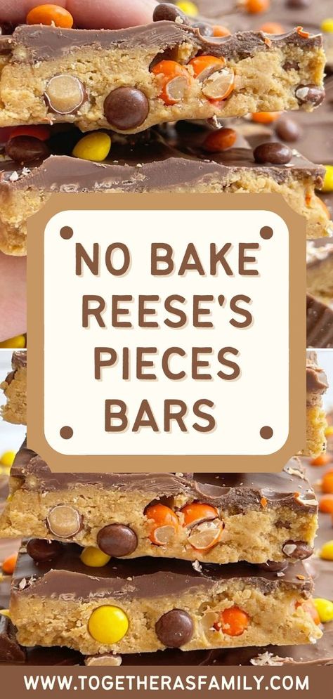 Peanut butter bars with Reese's pieces. A no bake dessert with one picture and a text overlay box in the middle. No Bake Reeses Peanut Butter Bars, Recipes Using Reeses Pieces, Recipes With Reeses Pieces, Reese's Pieces Recipes, Reece Dessert, No Bake Reese’s Peanut Butter Cup Cheesecake, Reese’s Chips Recipes, Reese’s Pieces Recipes, Reese Pieces Dessert