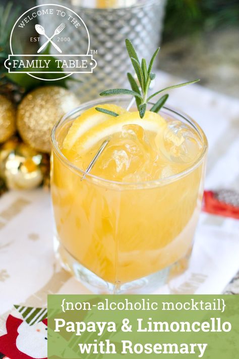 Looking for a fun and delicious non-alcoholic beverage for the family? Try our Papaya Limoncello Mocktail with Rosemary Rosemary Mocktail, Sweet Green Smoothie, Homeschool Meals, Vegan Beverages, Bar Tending, Beverages Recipes, Camping Drinks, Virgin Cocktails, Rosemary Recipes