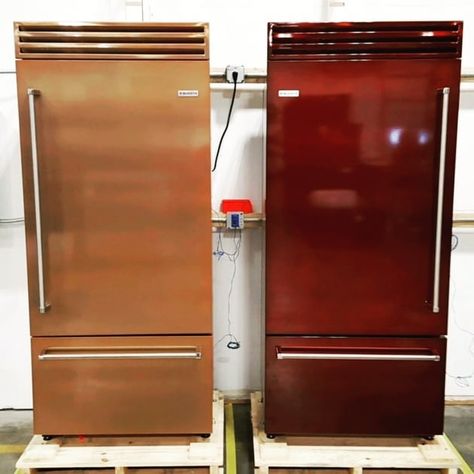 Which color do you like better:  Infused Copper on the left or Jewel Tone Mahogany on the right?   Customize your BlueStar 36” Built-in Refrigerator with over 750+ color & finish options along with 9 trim finishes. 💖#kitchen #dreamhome #kitchenideas #fridge Copper Fridge, Colored Appliances, Kitchenette Ideas, Chef Inspired Kitchen, Color Refrigerator, Professional Appliances, Built In Refrigerator, Fridge Door, Counter Depth