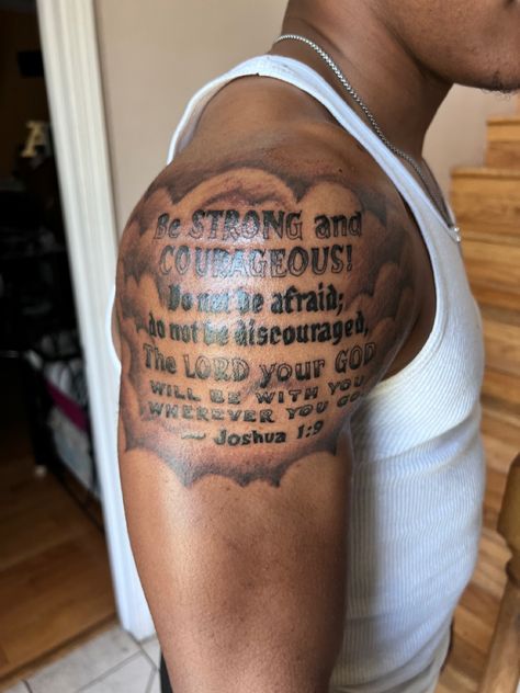 Upper Arm Quote Tattoo Men, Lion Tattoo With Words, Bible Verse Tattoos For Men Upper Arm, Small Upper Arm Tattoos For Guys, Religous Tattoo Quotes Men, Scripture Tattoos For Men Shoulder, Small Shoulder Tattoos Men, Shoulder Tattoo Men Bible Verse, Bible Verse Shoulder Tattoos