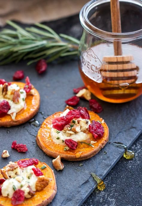 Skip the bread and use sweet potatoes instead! These Cranberry, Pecan, Goat Cheese, Sweet Potato Bites are sweet, savory and a wonderful holiday appetizer! Baked Potato Appetizer Recipes, Goat Cheese Sweet Potato, Sweet Potato Bites, Potato Rounds, Best Holiday Appetizers, Potato Appetizers, Sweet Potatoe Bites, Potato Bites, Holiday Appetizer