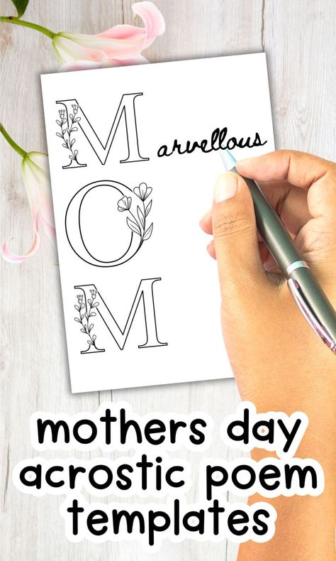 Acrostic Poems For Mother's Day (Free Printable Templates) Mom Acrostic Poems, Mothers Day Cards Printable, Acrostic Poem Template, Acrostic Poems, Poem Template, Homeschool Holidays, Around The Bend, Free Printable Templates, Mothers Day Poems