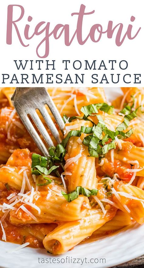 This Rigatoni with Tomato Parmesan Sauce is a hearty meatless meal with an amazing flavor. This from scratch tomato sauce simmers in under an hour…then add freshly grated Parmesan for an ultimate creamy sauce. #rigatoni #italian #meatlessmonday #parmesan #maindish #recipe Meatless Pasta Recipes, Tomato Parmesan, Meatless Pasta, Rigatoni Recipes, Meatless Meal, Italian Recipes Traditional, Meatless Dinner, Parmesan Sauce, Italian Recipes Authentic