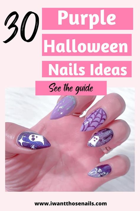 Are you on the hunt for a stylish yet spooky Halloween nail design? Look no further than our collection of 30 purple Halloween nail designs! Whether you prefer trendy coffin acrylic nails or simple, short purple nails, we've got a design that will suit your taste. Some designs even feature intricate spider webs or adorable pumpkins for an extra touch of Halloween flair. Don't miss out on the chance to rock these stunning purple nails this Halloween season! Purple Nails For Halloween, Plum Halloween Nails, Cute Purple Halloween Nails, Halloween Nails 2023 Purple, Purple Halloween Nail Art, Black And Purple Halloween Nails Short, Teal Halloween Nails, Simple Halloween Nails Purple, Pink And Purple Halloween Nails