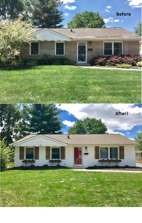 Before and after pictures of our ranch home! Curb appeal on a budget :) Limewashed Brick, Limewash Brick, Painted Brick Ranch, Brick Ranch Houses, White Bricks, Ranch House Exterior, House Flip, Painted Brick House, House Makeovers