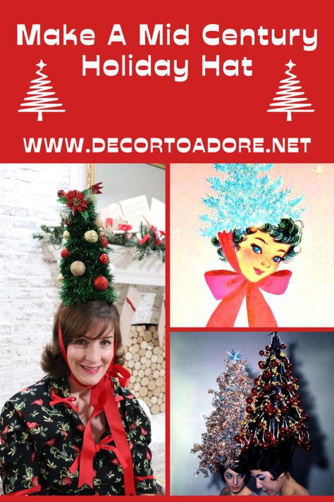 Make A Mid Century Holiday Hat Crazy Christmas Hat Diy Ideas, Christmas Party Hats Diy, Christmas Tree Hat Diy, Holiday Hats Diy, Vintage Christmas Tree Hat, Crazy Christmas Hat Diy, Hat Contest Ideas, Diy Christmas Hats Ideas, Funny Christmas Hats Diy