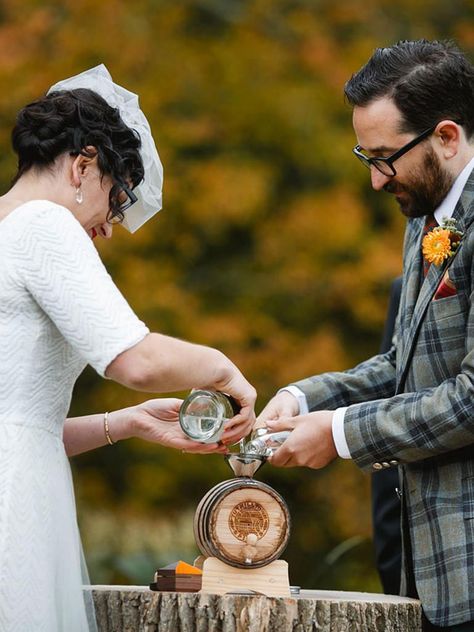 Age your own wedding-day spirit in a barrel that's branded with your new monogram, like this couple did. They poured unaged corn whiskeys from upstate New York and Brooklyn into a two-liter barrel as an alternative unity ceremony. Unity Ceremony Ideas, Unity Ideas, Wedding Cord, Wedding Ceremony Unity, Wedding Day Tips, Unity Ceremony, Wedding Unity, Commitment Ceremony, Wedding Rituals