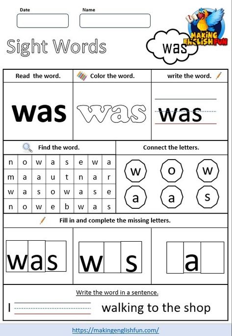 FREE Sight Word Worksheets – ‘was’Making English Fun Was Sight Word Worksheet, Teaching Ell Students, Sight Word Worksheets Free, Grammar Lesson Plans, Sight Word Spelling, Phonics Worksheets Free, The Sight Word, Spelling Worksheets, Kids Literacy