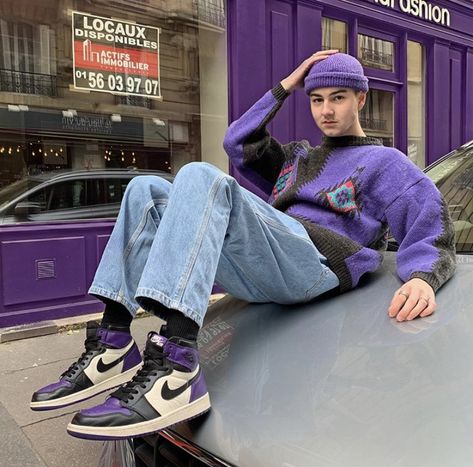 Colorful Outfits Men, Gamer Fashion, Denim Outfit Men, Purple Streetwear, Dunks Outfit, Grunge Fits, Urban Style Outfits, Trendy Boy Outfits, Outfit Streetwear