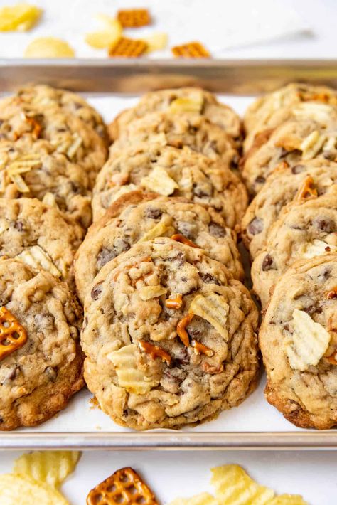 Kitchen Sink Cookies (which are sometimes also called compost cookies) are made with a soft vanilla cookie dough base that's then loaded with chocolate chips, salty pretzel pieces, potato chips, crunchy Graham Cracker pieces, and toffee bits—basically everything but the kitchen sink! These are a HUGE favorite and one that my real life friends and family request over and over because they are just so dang good! #kitchensinkcookies #compostcookies #cookies Everything But The Kitchen Sink Cookies Recipes, Kitchen Sink Cookies Recipe, Vanilla Cookie Dough, Compost Cookies, Panera Copycat, Sink Cookies, Kitchen Sink Cookies, Potato Chip Cookies, Everything But The Kitchen Sink