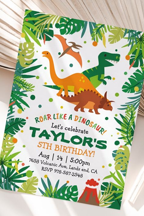 🏷️$2.09 📢Enjoy $10 shopping credit after your first order! 🎁 Enjoy this dinosaur birthday invitation, RAWR! It's the perfect way to invite guests to your child's dinosaur themed party. This T REX birthday invitation is designed with big leaves, T Rex, Brachiosaurus, Triceratops, and more! 🔥 #dinosaurbirthdayinvitation #dinosaurparty #dinosaur #trex #three #kidsbirthdayinvitation #boy #birthdayparty #jungle #firstbirthday T Rex Party, Dinosaur Themed Party, Dinosaur Birthday Invitations, Dinosaur Theme Party, Big Leaves, Birthday Invitations Kids, Dinosaur Party, Dinosaur Birthday, T Rex