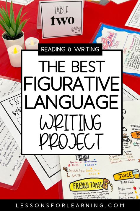 Engage your upper elementary and middle school students with this engaging PBL writing project! Dive deep into descriptive writing and figurative language as students create their own unique restaurants and craft enticing menus. Students will practice using adjectives, descriptive language and figurative language in a FUN way. Culminate the project with a 'tasting' session, where students will savor the descriptive delights of their peers' menus. Figurative Language Middle School, Descriptive Writing Prompts, Figurative Language Lessons, Teaching Figurative Language, Middle School Activities, Descriptive Words, Unique Restaurants, Reading Comprehension Activities, Descriptive Writing