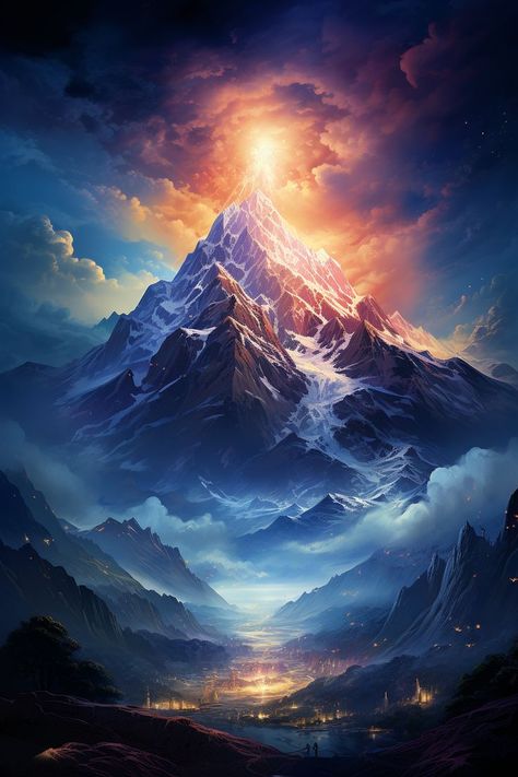 Mythical Mountains, Fantasy Atmosphere, Giant Mountain Fantasy Art, World Creation Art, Magic Fantasy World, Mountain Pass Fantasy Art, Spirit Realm Art, Fantasy World Creation, Fantasy Landscape Mountains