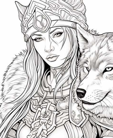 Viking Drawing Sketches, Warrior Coloring Pages, Viking Drawings, Female Wolf, Wolf Queen, Viking Queen, Bujo Art, Wolf Warrior, Digital Colouring