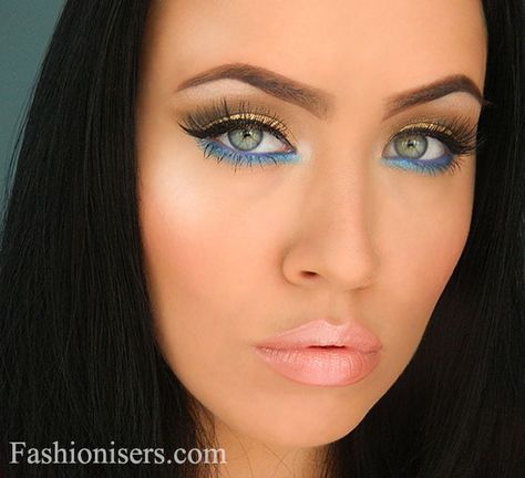 Gold Makeup Tutorial with Blue Under-Eye Liner Under Eye Liner Colorful, Blue Under Eye Makeup, Blue Under Eye, Comp Makeup, Gold Makeup Tutorial, Under Eye Liner, Dramatic Wedding Makeup, Gold Makeup Looks, Under Eye Makeup