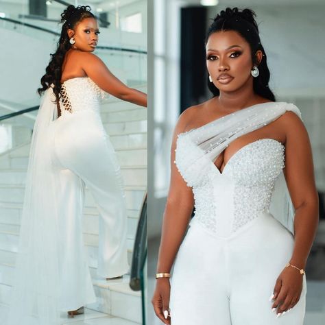 Reception Wedding Dress Plus Size, Plus Size Reception Outfit, Wedding Dresses Plus Size Black Women, Reception Dress Black Women, Reception Dress Black, Dresses For Black Women, Reception Jumpsuit, Jumpsuit Prom Dress, White Jumpsuits