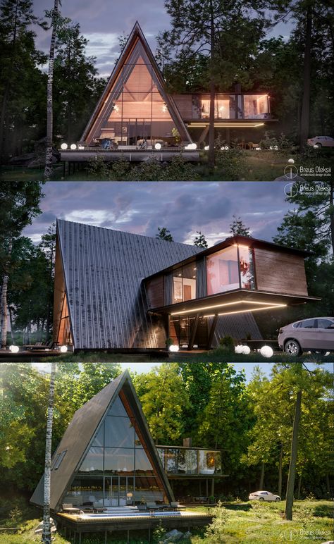 House by the Dnieper River on Behance Triangle House, A Frame House Plans, A Frame Cabin, A Frame House, Container House Design, Tiny House Cabin, Modern Cabin, Forest House, House Architecture Design