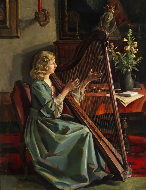 Playing The Harp, Decorative Room, Musician Portraits, Harps Music, The Harp, Canvas Oil Painting, Female Art Painting, Harbin, German Art