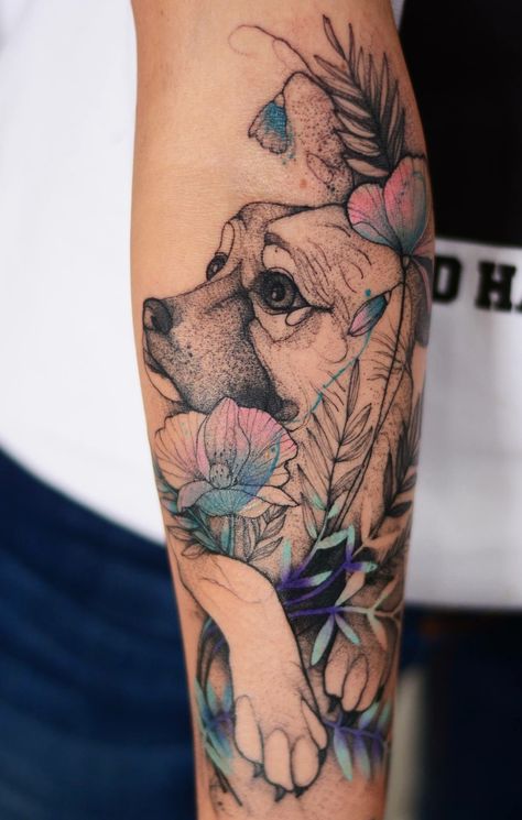 Joanna Swirska Dzo Lama dog tattoo Dog Portrait Tattoo Ideas For Women, Half Sleeve Dog Tattoos For Women, Floral Dog Tattoo, Dzo Lama, Wolf Tattoos For Women, Make Tattoos, Dog Memorial Tattoos, Wildflower Tattoo, Manga Tattoo