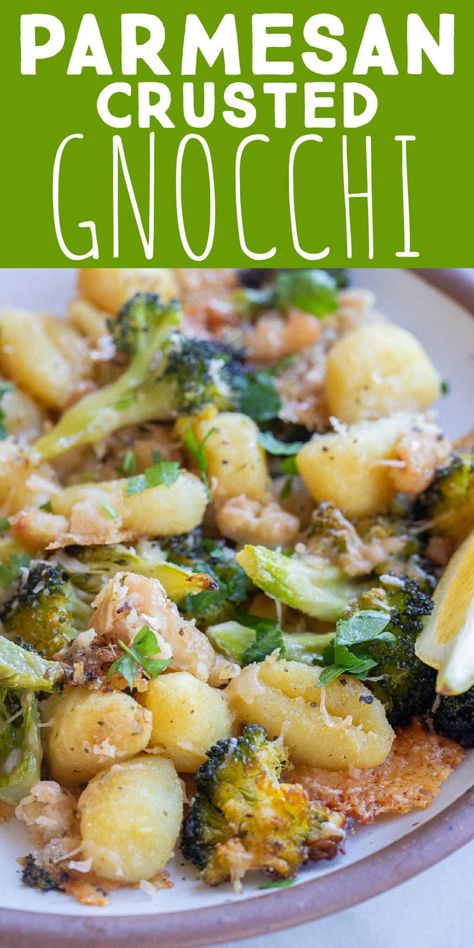 This Parmesan Crusted Gnocchi with Broccoli and White Beans is a quick and easy vegetarian sheet pan dinner! You only need a few ingredients to throw this delicious meal together. The parmesan, white beans and broccoli add protein and the potato gnocchi will keep you nice and full. Serve with a side salad and bread for a hearty dinner. #sheetpanmeal #gnocchirecipe #glutenfree #vegetarian Gnocchi Green Beans, Vegetarian Recipes Gnocchi, Gnocchi And Broccoli Recipes, Sheet Pan Gnocchi Recipes, Gnocchi Recipes Dairy Free, Chicken Broccoli Gnocchi, Gnocchi And Broccoli, Gnocchi Sheet Pan Dinner, Gnocchi Meals