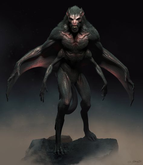 ArtStation - Concept Art Workshop Demo: Bat Creature Demo Bats Stranger Things, Futuristic Creatures, Bat Creature Concept Art, Humanoid Bat Concept Art, Bat Monster Design, Bat Creature, Batman Creature Of The Night, Humanoid Alien, Bat Monster